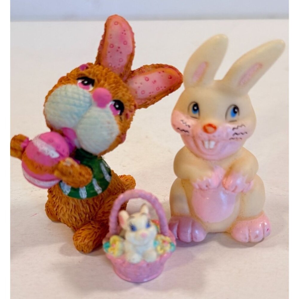 Vintage Bunny Rabbit Miniature Figurines Easter Egg Basket Kid Kore